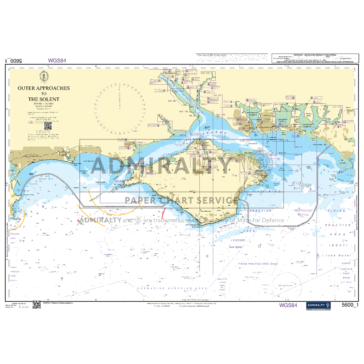 A detailed nautical chart entitled "Admiralty Small Craft Charts - 5600 - The Solent and Approaches" by Admiralty, showing the southern coast of England and the Isle of Wight. The ADMIRALTY chart includes depth contours, navigation aids, shipping routes, and land features. Coordinates grid lines are visible. Ideal for coastal navigation.