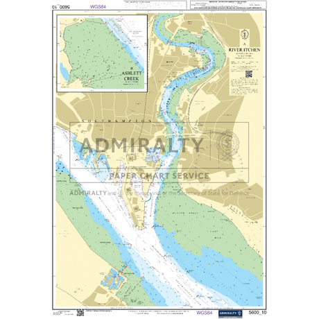 Admiralty Small Craft Chart 5600 - The Solent and Approaches provides a detailed maritime navigational chart of the River Itchen, showcasing water depths, navigation routes, and surrounding areas. Insets include Ashlett Creek. The map features a scale, compass rose, and key navigation markers. Published by Admiralty as part of their ADMIRALTY Small Craft Charts series.