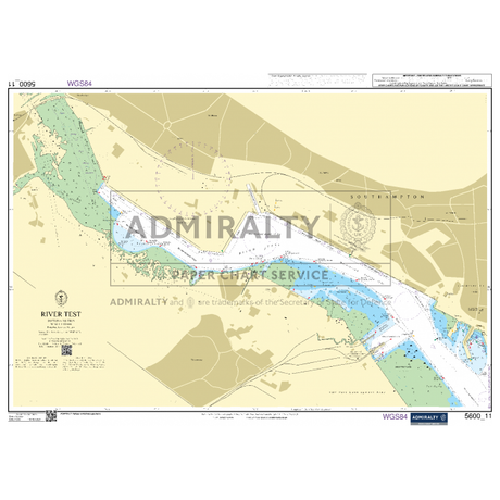 A nautical chart of the River Test, part of the Admiralty Small Craft Charts - 5600 - The Solent and Approaches series, depicting marine navigational details, water depths, coastal features, and landmarks. Areas marked include channel markers, buoys, and nearby land regions. This chart is an ADMIRALTY product by the United Kingdom Hydrographic Office.