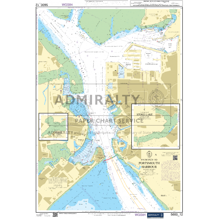 The Admiralty Small Craft Charts - 5600 - The Solent and Approaches provides a detailed nautical chart featuring the entrance to Portsmouth Harbour. It includes crucial navigational information such as depth contours, buoys, landmarks, and marina locations. Insets offer enlarged views of areas like Stoke Lake, with precise coastal navigation markings indicated by ADMIRALTY charts.