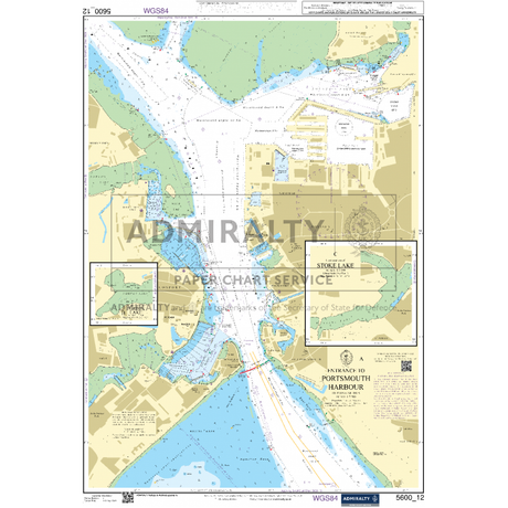 The Admiralty Small Craft Charts - 5600 - The Solent and Approaches provides a detailed nautical chart featuring the entrance to Portsmouth Harbour. It includes crucial navigational information such as depth contours, buoys, landmarks, and marina locations. Insets offer enlarged views of areas like Stoke Lake, with precise coastal navigation markings indicated by ADMIRALTY charts.