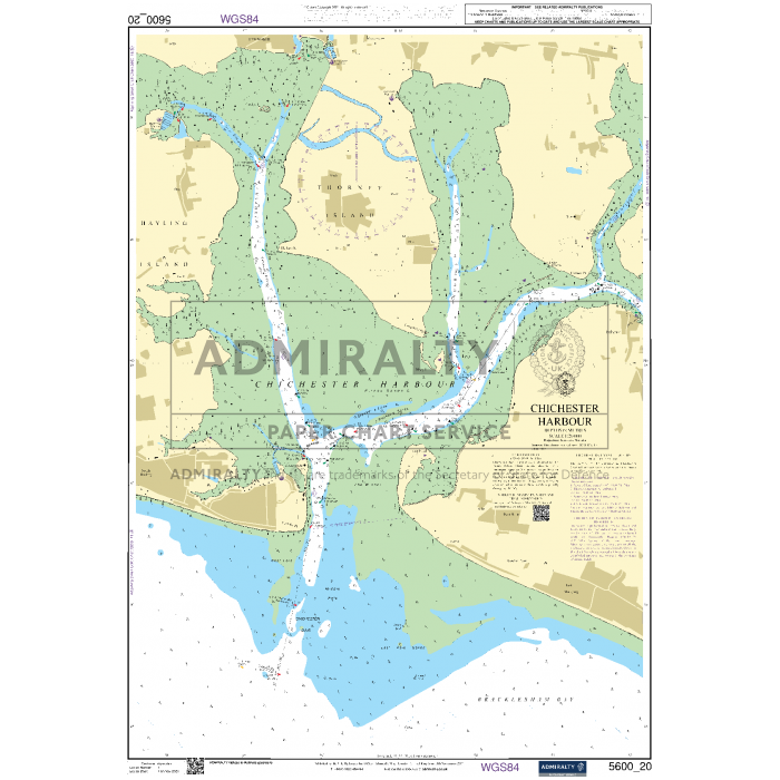 Admiralty Small Craft Chart - 5600 - The Solent and Approaches provides detailed hydrographic information for Chichester Harbour, including water depths, coastal features, and navigational aids. The chart is printed with the title "Admiralty," logo, and additional navigational notes for coastal navigation. Topographic land features are also visible.