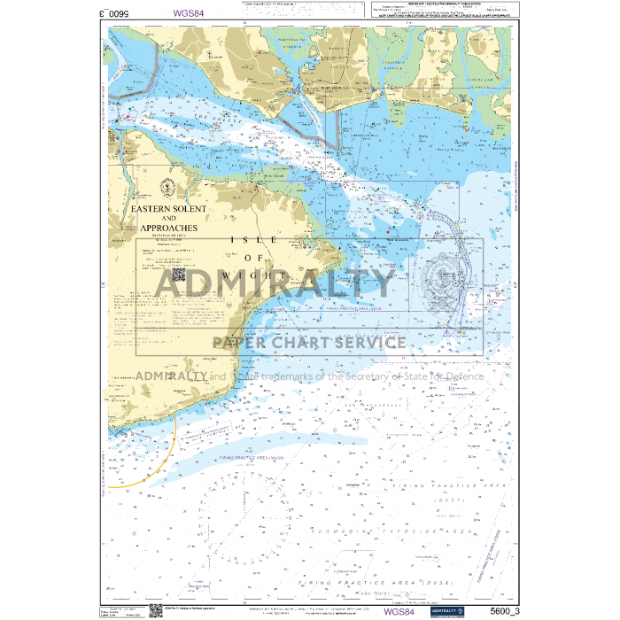 A detailed nautical chart titled "Admiralty Small Craft Charts - 5600 - The Solent and Approaches" covers marine routes, coastal areas, and navigational aids in the Solent region. Featuring Admiralty charts standards, it includes depth markings, buoy locations, and maritime hazards overlaid with the Admiralty Paper Chart Service watermark. Ideal for coastal navigation.