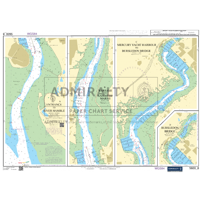 The Admiralty Small Craft Chart - 5600, titled "The Solent and Approaches," is ideal for coastal navigation at WGS84 datum. It includes detailed navigational information such as water depths, buoys, and coastal landmarks. Insets feature plans for Mercury Yacht Harbour, Satchell Marsh, and Bursledon Bridge.