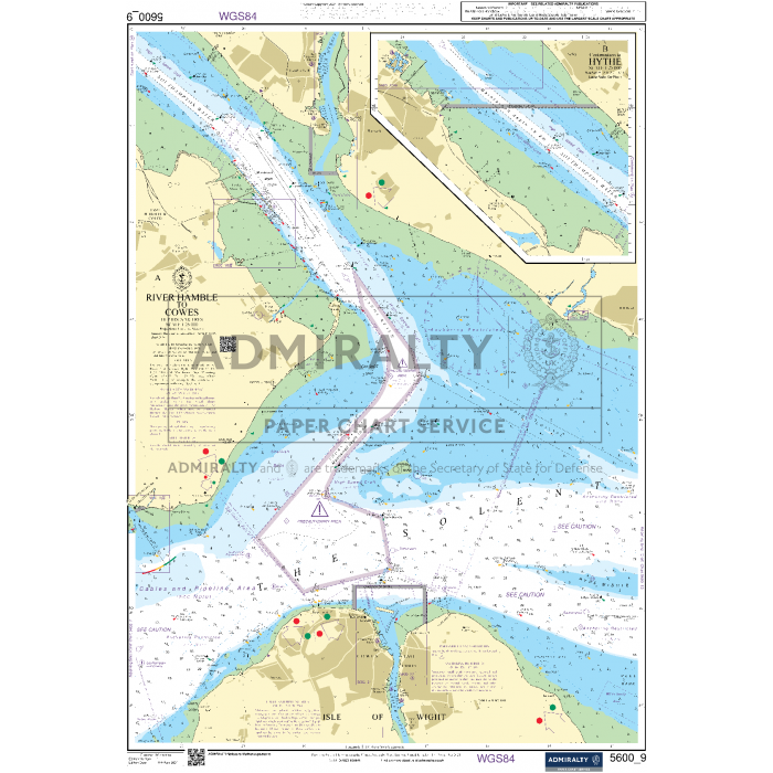 The "Admiralty Small Craft Charts - 5600 - The Solent and Approaches" by Admiralty is a detailed marine chart for WGS84, illustrating river channels, depths, and navigational markers. Insets depict additional navigational areas crucial for coastal navigation. The chart features predominantly blue and beige colors, with red, green, and black accents to indicate various features.