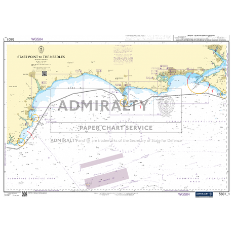 Titled "Admiralty Small Craft Charts - 5601 - East Devon and Dorset," this nautical chart from Admiralty is specifically designed for maritime experts. It displays coastal navigation routes, contours, and navigational details for ships, including depths, buoys, and landmarks along the southern coast of England from Start Point to The Needles.