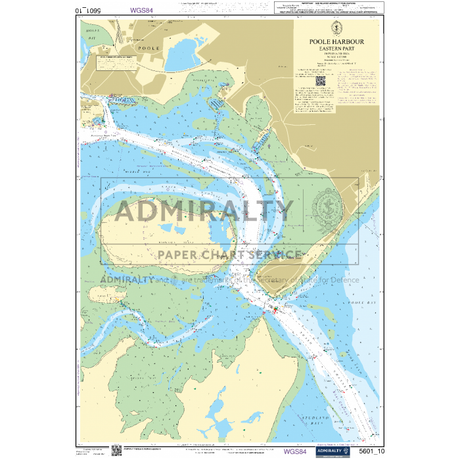 Admiralty Small Craft Charts - 5601 - East Devon and Dorset depict Poole Harbour and its surroundings, illustrating water depths, navigational aids, and coastline details. Notable features include marked channels, buoys, shoals, and land elevations. Published by Admiralty for coastal navigation, these charts incorporate various navigational symbols essential for small craft navigation.