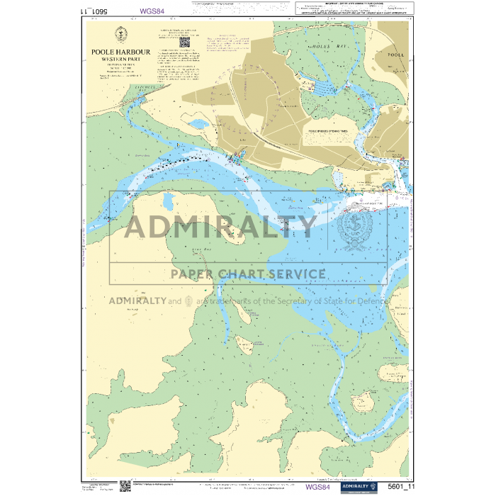 The Admiralty Small Craft Charts - 5601 for East Devon and Dorset offer a detailed nautical chart of Poole Harbour and its surrounding areas, including water depths, navigational hazards, and maritime features. Ideal for maritime experts in coastal navigation, this chart from Admiralty includes coastal lines, waterway markings, land areas, anchor points with detailed notations, and a compass rose.