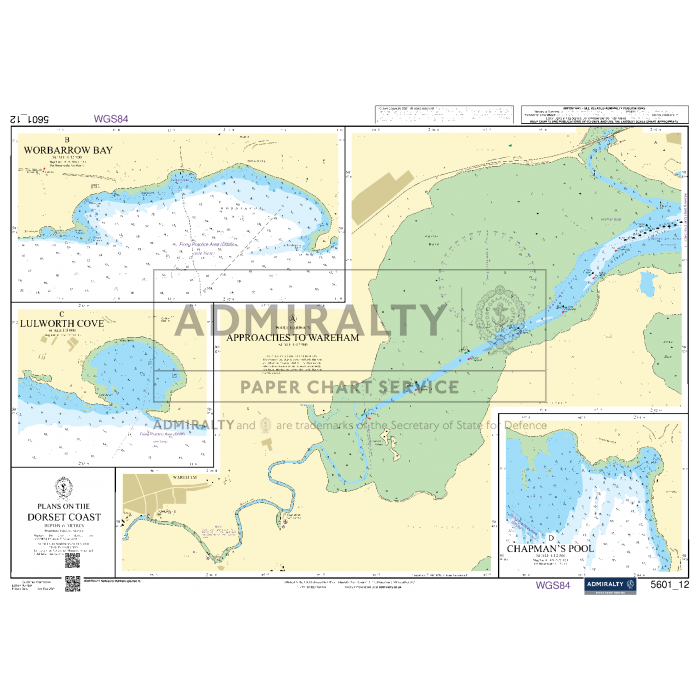 The "Admiralty Small Craft Charts - 5601 - East Devon and Dorset," created by Admiralty for maritime experts, features detailed marine maps of Warbarrow Bay, Lulworth Cove, and Chapman's Pool along the Dorset Coast. This essential chart includes depth soundings, navigational aids, and coastal details to ensure safe maritime navigation.