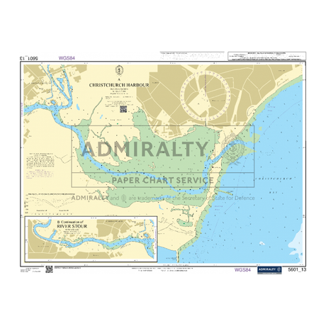 Admiralty Small Craft Charts - 5601 - East Devon and Dorset, by Admiralty, offers a comprehensive nautical chart detailing the waterways and maritime features of Christchurch. It includes detailed navigation aids, coastal landmarks, and precise water depths. Additionally, an inset map of the River Stour is located on the bottom left corner, making it an invaluable resource for maritime experts in coastal navigation.