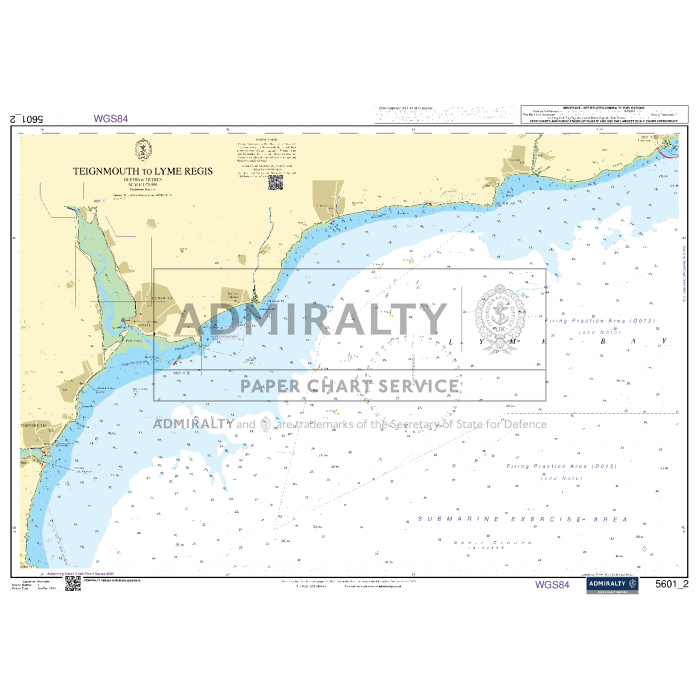 Admiralty Small Craft Chart - 5601 - East Devon and Dorset details the coastline from Teignmouth to Lyme Regis, including maritime features such as depths, coastal contours, navigation aids, and hazards. Designed for maritime experts, it bears the Admiralty branding and is part of the Admiralty Paper Chart Service (5601_2).