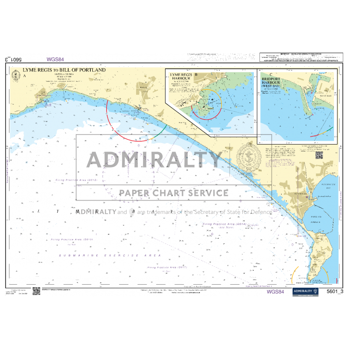 The Admiralty Small Craft Chart titled "5601 - East Devon and Dorset" provides detailed coastal navigation information, including depth contours, underwater hazards, and navigational aids. Two insets highlight specific areas within the main map. Ideal for maritime experts seeking precise guidance.