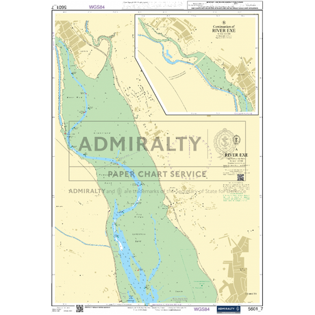 The Admiralty Small Craft Chart 5601, titled "East Devon and Dorset," provides a detailed depiction of the River Exe. It includes critical information on water depths, navigational aids, and landmarks along the river. Insets illustrate the river’s entry points and surrounding areas. Specifically designed for coastal navigation, this chart is part of the Admiralty Paper Chart Service collection.