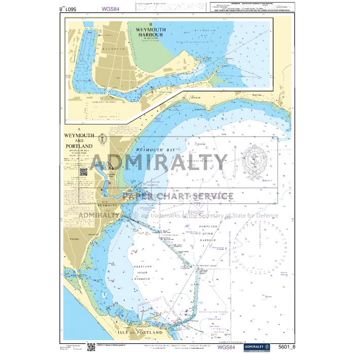 The Admiralty Small Craft Chart - 5601 - East Devon and Dorset from the Admiralty series provides detailed bathymetric data, navigational aids, and land information for Weymouth Bay and Portland Harbour in the UK. This chart is ideal for maritime experts, featuring labeled markings, contours, and depth measurements.