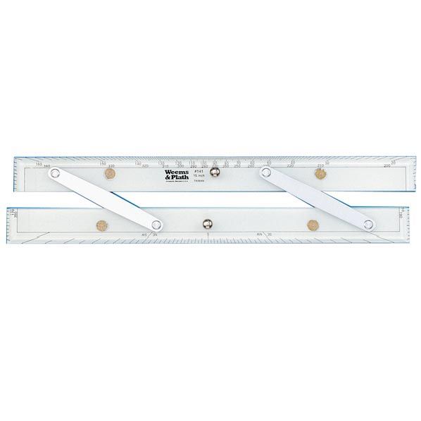 The Weems & Plath 15" Parallel Rule is made of clear plastic rulers connected by metal screws and white metal arms. The rulers display measurement markings, a protractor scale, and a Weems & Plath brand label near the center—an essential tool for seagoing navigation.