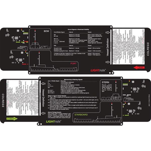 The Weems & Plath LIGHTrule™ provides an illustrated guide on maritime navigation and signaling rules, featuring labeled diagrams for the bow, port, starboard, and stern views of a vessel. It includes details on marine navigation lights, sound signals, and maneuvering instructions to ensure maritime safety and compliance during night travel.