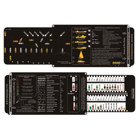 The Weems & Plath ROADrule™ IALA Buoyage is a detailed chart that illustrates nautical and maritime signals, navigation rules, and light characteristics. It includes diagrams for vessel maneuvering, shapes, lights, and various signal meanings across different regions. This comprehensive navigation aid tool features a black background with multicolored elements.